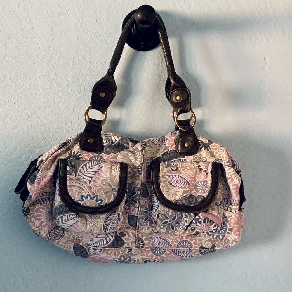 BONGO Pink & Gray Floral Boho Canvas Shoulder Handbag Size OS